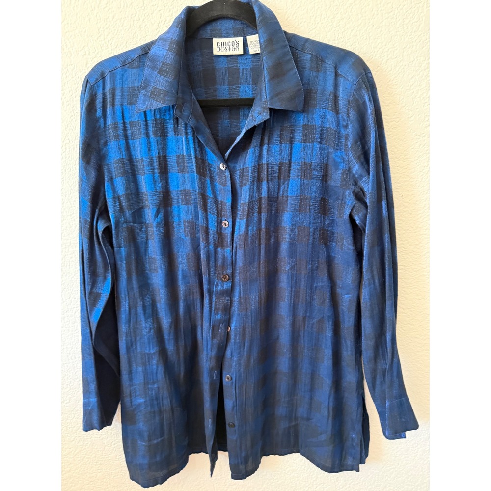 Chicos Design Blue Black Plaid Metallic Button Down Shirt Blouse Size 2 Large